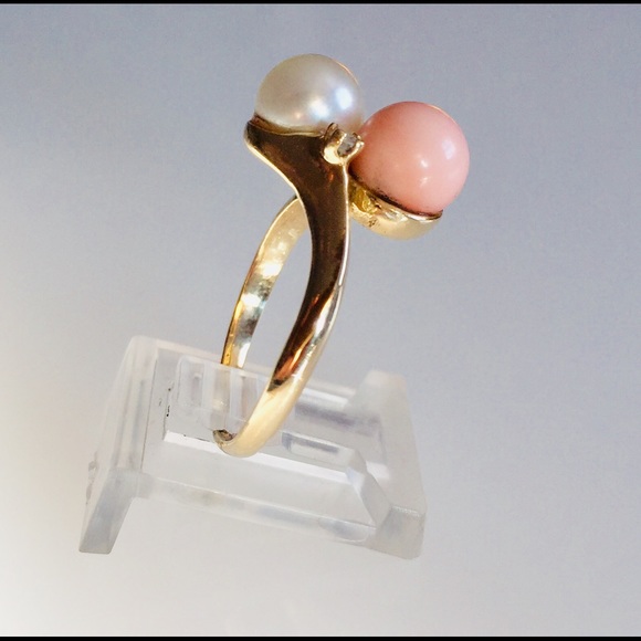 14k Vintage Pearl and coral Bypass ring - Picture 5 of 10